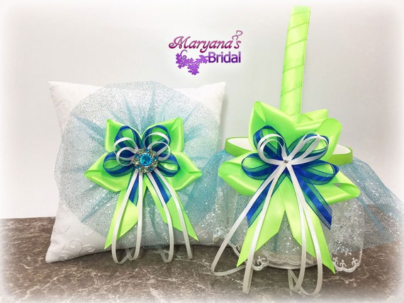 Lime Blue Wedding Ring Bearer Pillow W Charms Lime Green And Etsy