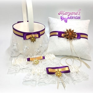 Rapunzel Gold Purple Ring Bearer Pillow Flower Girl Basket Set*Disney Tangled Inspired Wedding*Rapunzel Accessories*Your Ribbons Choice*