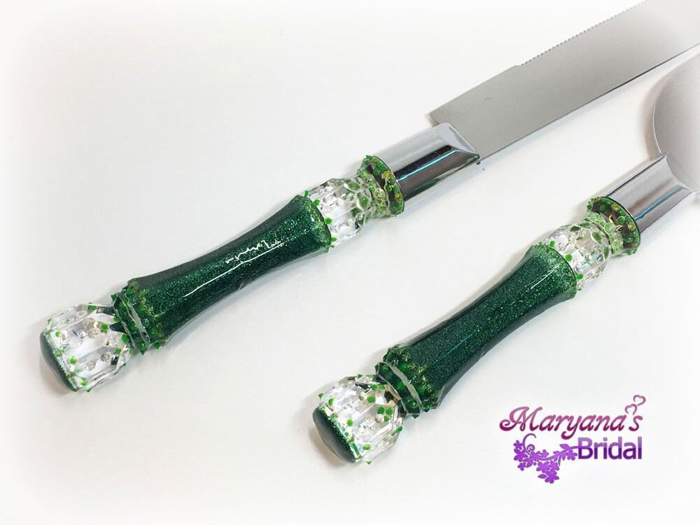 Hunter Green Wedding Cake Server and Knife*Charms*Bows*Forest Green Cake Server/Knife*Sage Green Wedding*Disney Inspired Wedding*Your Color