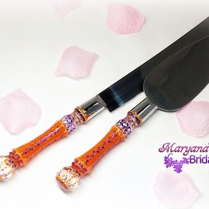 Orange Purple Wedding Cake Set*Bows*Charms*Orange Purple Cake Server Knife*Orange Purple Halloween Cake Set*Wedding Orange Purple Gift Set*
