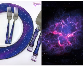 Galaxy Something Blue Cake Plate 2Forks*Royal Blue Cake Plate Set*Personalized Wedding Plate Forks*Cake Plate Navy Turquoise Set*Your Colors