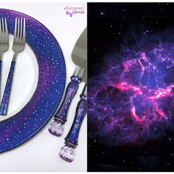 Galaxy Something Blue Cake Plate 2Forks*Royal Blue Cake Plate Set*Personalized Wedding Plate Forks*Cake Plate Navy Turquoise Set*Your Colors
