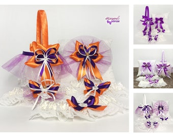 Orange Purple Ring Pillow Flower Girl Basket Set*Charms*Purple Orchid Eggplant Classic Pillow Basket Set*Wrist Corsage*Halloween Cake Set