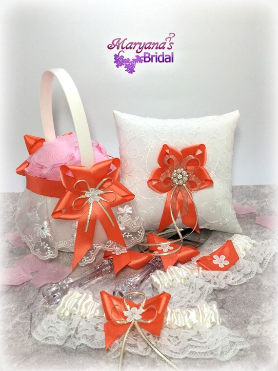 Coral Ring Pillow Flower Girl Basket Set Free Garter 1 Etsy