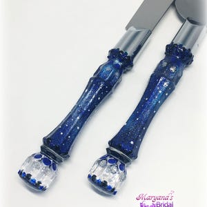 Galaxy 3 Blue Black  White Wedding Cake Server Knife, Bows, Swarovski Crystals, Charms*Flutes*Night Sky Pillow Basket, FREE Garter #2