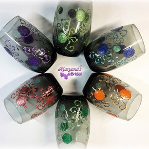 Halloween Party Stemless Glasses*Black Red Orange Purple Green Blue Party Glasses*Bridal Shower Wedding Gift*Set of 6 Halloween Glasses*