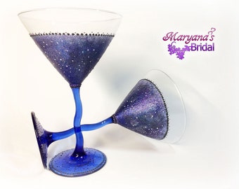Galaxy Blue Black Purple Martini Glasses*Night Sky Martini Glasses*Gift for Couple*Wedding Gift Martini Galaxy Glasses*Anniversary Present