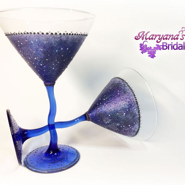 Galaxy Blue Black Purple Martini Glasses*Night Sky Martini Glasses*Gift for Couple*Wedding Gift Martini Galaxy Glasses*Anniversary Present