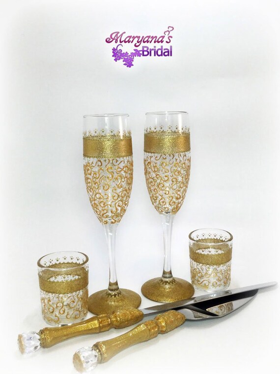 Gold Wedding Toasting Flutes W Charms Bows Gatsby Wedding Etsy