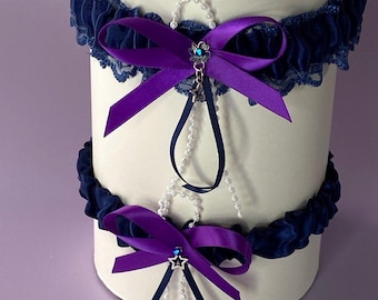Galaxy Garters*Night Sky Bridal Set*Starry Navy Blue Purple Garters*Bows with Crystals*Celestial Pillow Basket, FREE Garter #2