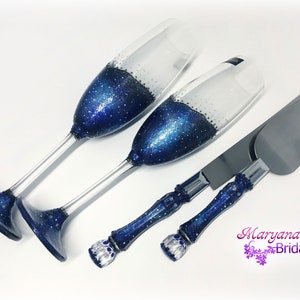 Galaxy Black Blue White Wedding Cake Server/Knife Set*Wedding Cake Set w/Bows Charms*Night Sky Galaxy Cake Server Knife*Galaxy Gift Cake Set