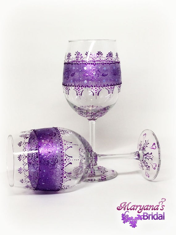 Purple Lace Wine Wedding Glasses W Charms Bow Violet Toasting Etsy