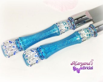 Turquoise Blue Classic Cake Server Set*Aegean Glasses*Charms Bows*Oasis Malibu Spa Wedding Ring Pillow Flower Girl Basket Set*Bridal Garters