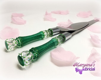 Emerald Green Cake Server Knife Set*Forest Hunter Gem Wedding Ring Pillow Flower Girl Basket*Sparkle Anniversary*Quinceañera Birthday Gift