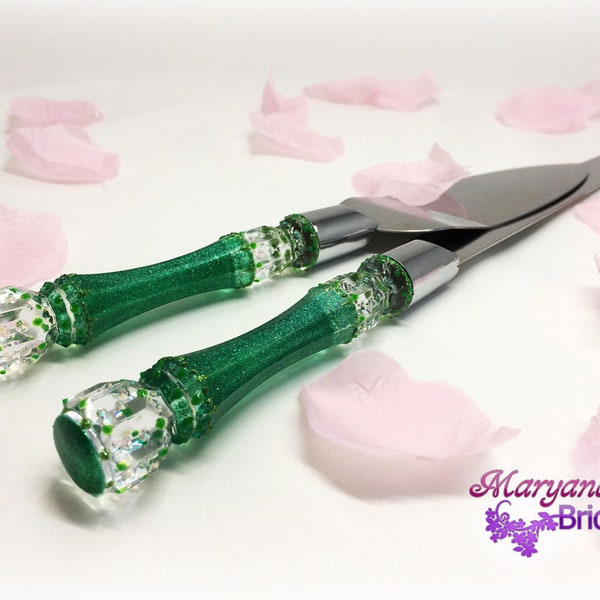 Emerald Green Cake Server Knife Set*Forest Hunter Gem Wedding Ring Pillow Flower Girl Basket*Sparkle Anniversary*Quinceañera Birthday Gift