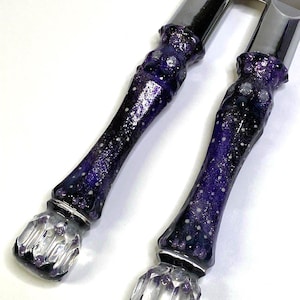 Galaxy 4 Black Blue Purple Silver Wedding Cake Server & Knife Set*Charms, Bows