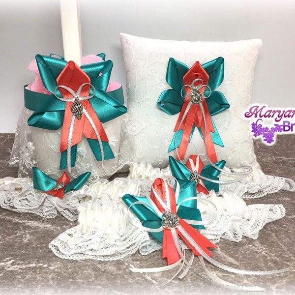 Little Mermaid Ariel Ring Pillow Flower Girl Basket Set*Under the Sea Teal Coral Ring Pillow Basket*Disney Inspired Wedding*Cake Set*Garters