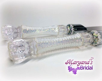 White Silver Cake Server Knife Set*Charms Bows*Wedding Cake Set Gift*Silver Opal Cake Set*Disney Inspired White Wedding*Quinceanera Present