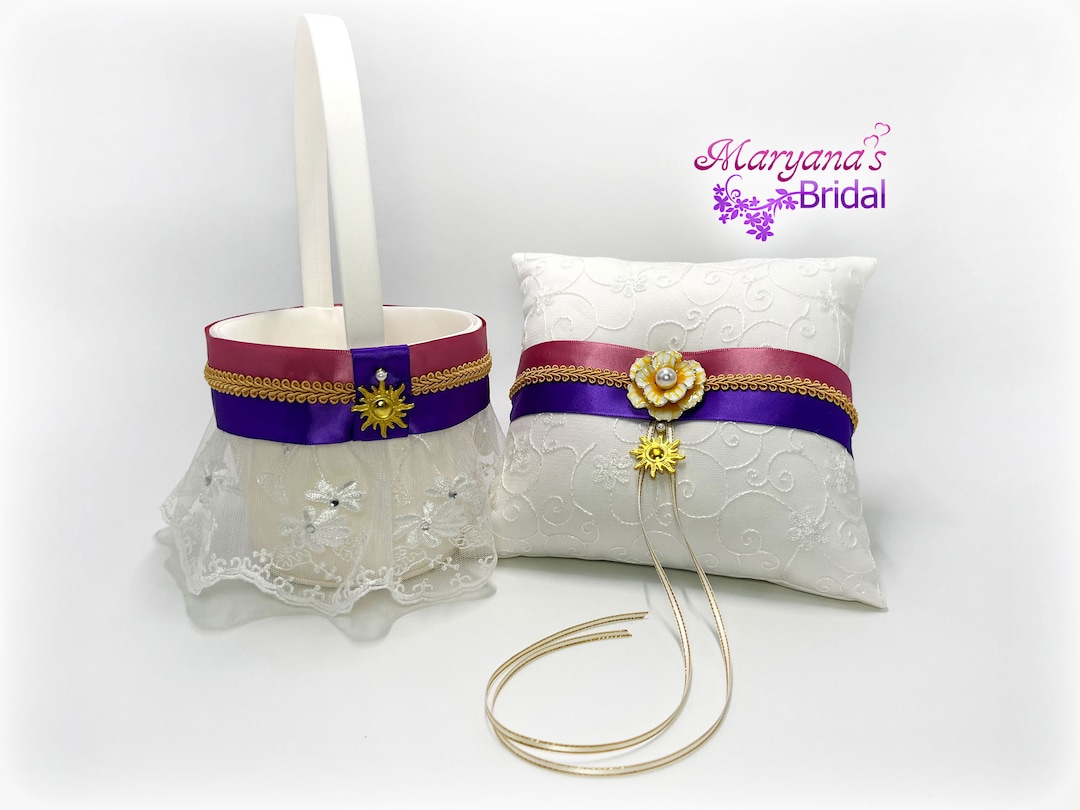 Rapunzel Inspired Wedding Set: Rose Ring Pillow, Flower Girl Basket Set ...