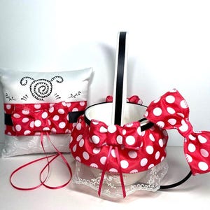 Red/Pink Black Yellow Mickey & Minnie Ring Pillow Flower Girl Basket*Disney Inspired Polka Dot Pillow Basket Wedding Set*Charms*Accessories