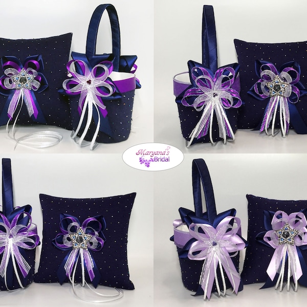 Galaxy Blue Black Purple Lavender Ring Pillow Flower Girl Basket Set*Stars Sky Blue Black Purple Ring Pillow Basket*Charms*Galaxy Wedding