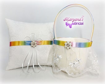 Rainbow Wedding Ring Pillow Flower Girl Basket*Charms*Rainbow Wedding Pillow Basket Set*Rainbow Centerpiece*LGBT Wedding Rainbow Set*Garters