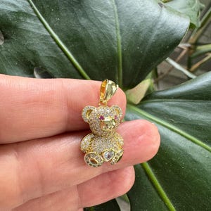 Gold Teddy Bear Charm Necklace / Diamond Cz Bear Charm Pendant/