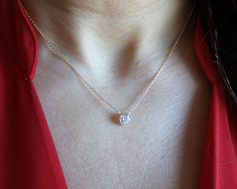 Diamond Cz Necklace / Bezel Set Cz Necklace / Gold Solitaire Etsy