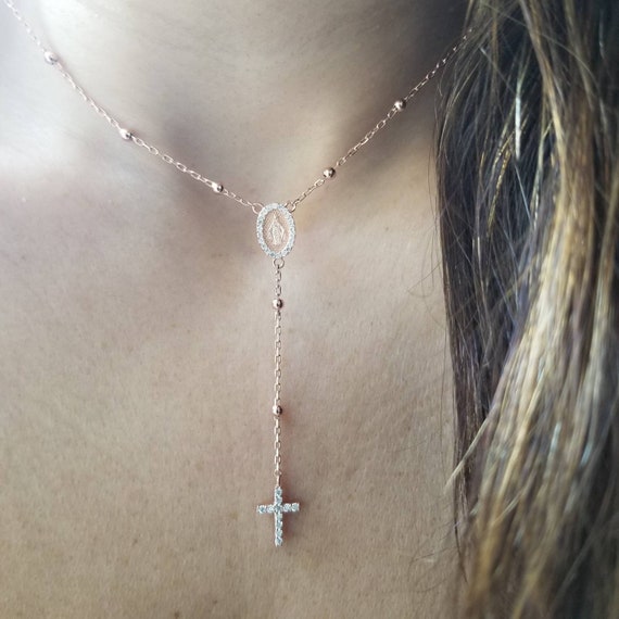 Rose Gold Rosary Bead Necklace 