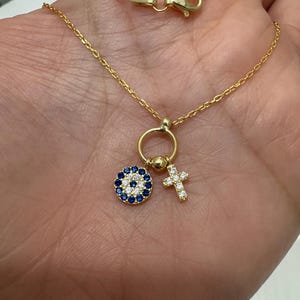 Evil Eye Cross Necklace / Small Evil Eye Cross Charm Necklace / Layering Cross Protection Necklace / Dainty Cross Evil eye Charm