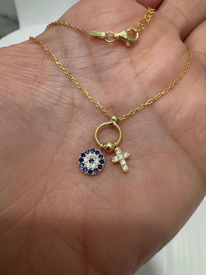 Evil Eye Cross Necklace / Small Evil Eye Cross Charm Necklace / Layering Cross Protection Necklace / Dainty Cross Evil eye Charm