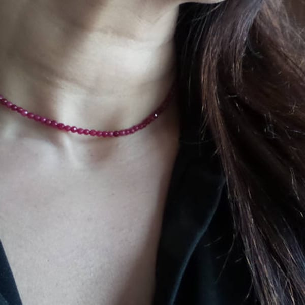 Ruby Choker Necklace/ Beaded Necklace/ Ruby Choker Necklace with Sterling Silver Adjustable Length and Lock/ Choker/ Trendy Necklace