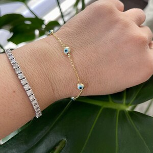 Gold Evil Eye Station Bracelet: Sterling Silver 925, Adjustable