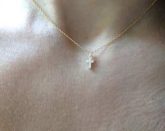 Small Cross Necklace / Mini Cross Necklace / Diamond Cz Cross Necklace / Gold Cross / Dainty Cross Necklace / Minimalist Cross Pendant