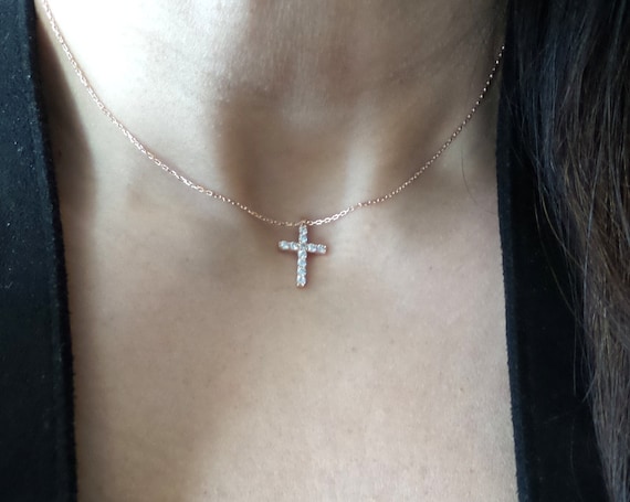Diamond Cz Cross Necklace Cross Necklace Rose Gold Cz Cross