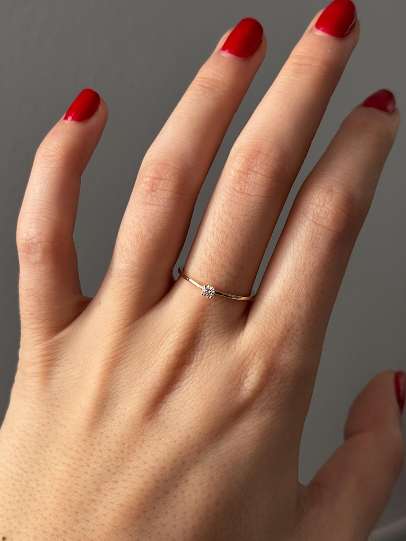 14K Solid Gold Lab Diamond Solitaire Ring • Dainty Promise Ring for Her • Minimalist Engagement Ring • Thin Gold Band • Recycled Gold Jewelry
