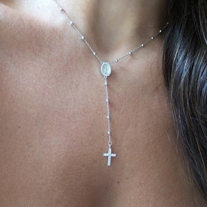 Cross Rosary Necklace / Silver Rosary Bead Necklace / Rosary Bead Necklace / Cross Necklace / Virgin Mary Necklace / Virgin Mary Medallion image 2