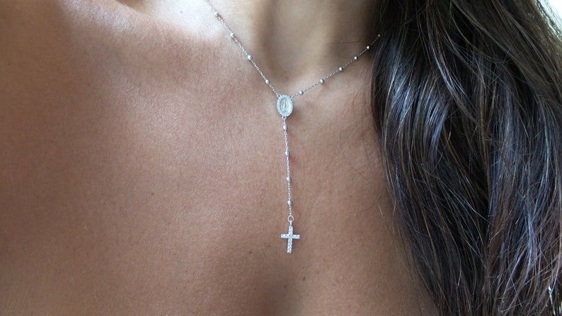 Cross Rosary Necklace / Silver Rosary Bead Necklace / Rosary Bead Necklace / Cross Necklace / Virgin Mary Necklace / Virgin Mary Medallion image 2