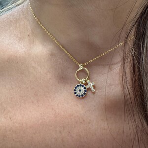 Evil Eye Cross Necklace / Small Evil Eye Cross Charm Necklace / Layering Cross Protection Necklace / Dainty Cross Evil eye Charm