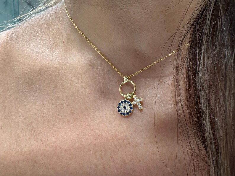 Evil Eye Cross Necklace / Small Evil Eye Cross Charm Necklace / Layering Cross Protection Necklace / Dainty Cross Evil eye Charm