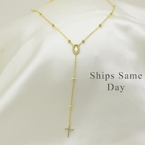 Cross Rosary Necklace / Gold Rosary Bead Necklace / Rosary Bead Necklace / Cross Necklace / Virgin Mary Necklace / Virgin Mary Medallion