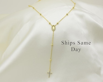Gold Rosary Necklace: Virgin Mary Cross pendant
