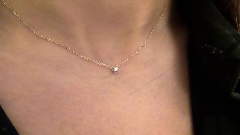 Diamond Necklace 0.05ct / 14k Gold Diamond Solitaire Necklace / Diamond ProngSet Necklace / Floating Diamond / Dainty Diamond Necklace / Min image 5