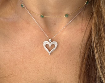 Sterling Silver CZ Heart Necklace: Rhodium Plated Pendant - Etsy