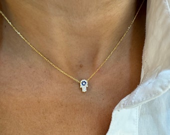 Diamond CZ Hamsa Necklace / Small Diamond Cz Hamsa  Necklace / Turquoise Evil Eye Necklace / Hand of Fatima Necklace