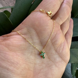 Emerald Cross Necklace: Yellow Gold Plated Sterling Silver, Dainty Layering