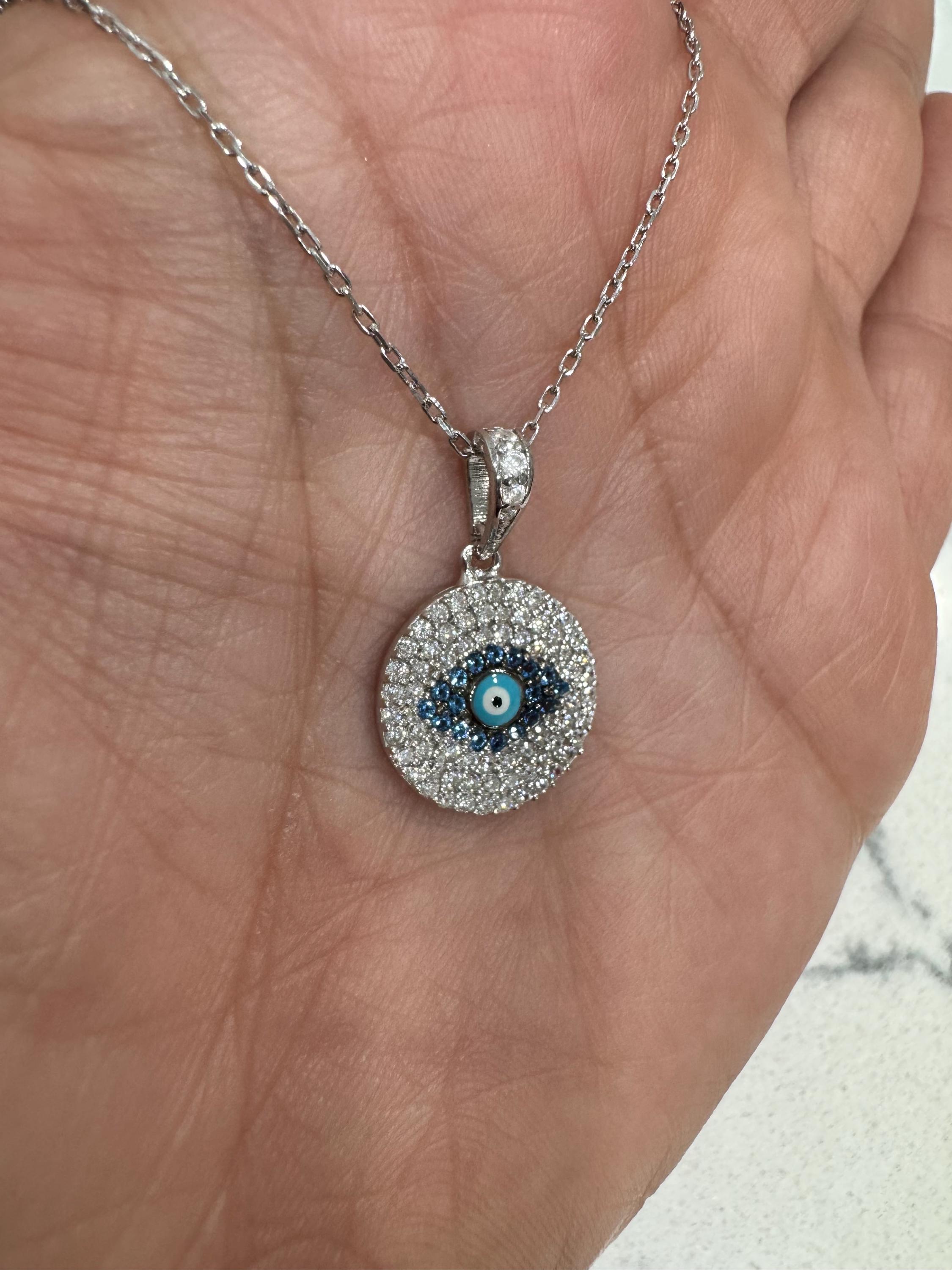 Evil Eye Pendant Necklace - .925 Sterling Silver With Simulated CZ Cluster, Clear Cubic Zirconia Charm - View #12