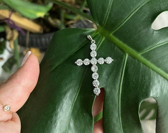 Sterling Silver CZ Cross Necklace: Large Rhodium Plated Pendant