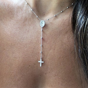 Cross Rosary Necklace / Silver Rosary Bead Necklace / Rosary Bead Necklace / Cross Necklace / Virgin Mary Necklace / Virgin Mary Medallion image 1