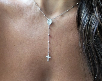 Cross Rosary Necklace / Silver Rosary Bead Necklace / Rosary Bead Necklace / Cross Necklace / Virgin Mary Necklace / Virgin Mary Medallion